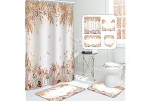 MEHOFOND 4pcs Fall Thanksgiving Shower Curtain Set, Watercolor Autumn Pumpkins Shower Curtain Sets Ear of Wheat Grain Sunflowers Bathroom Decor, Waterproof Fabric Shower Curtain, Non-Slip Bath Mat