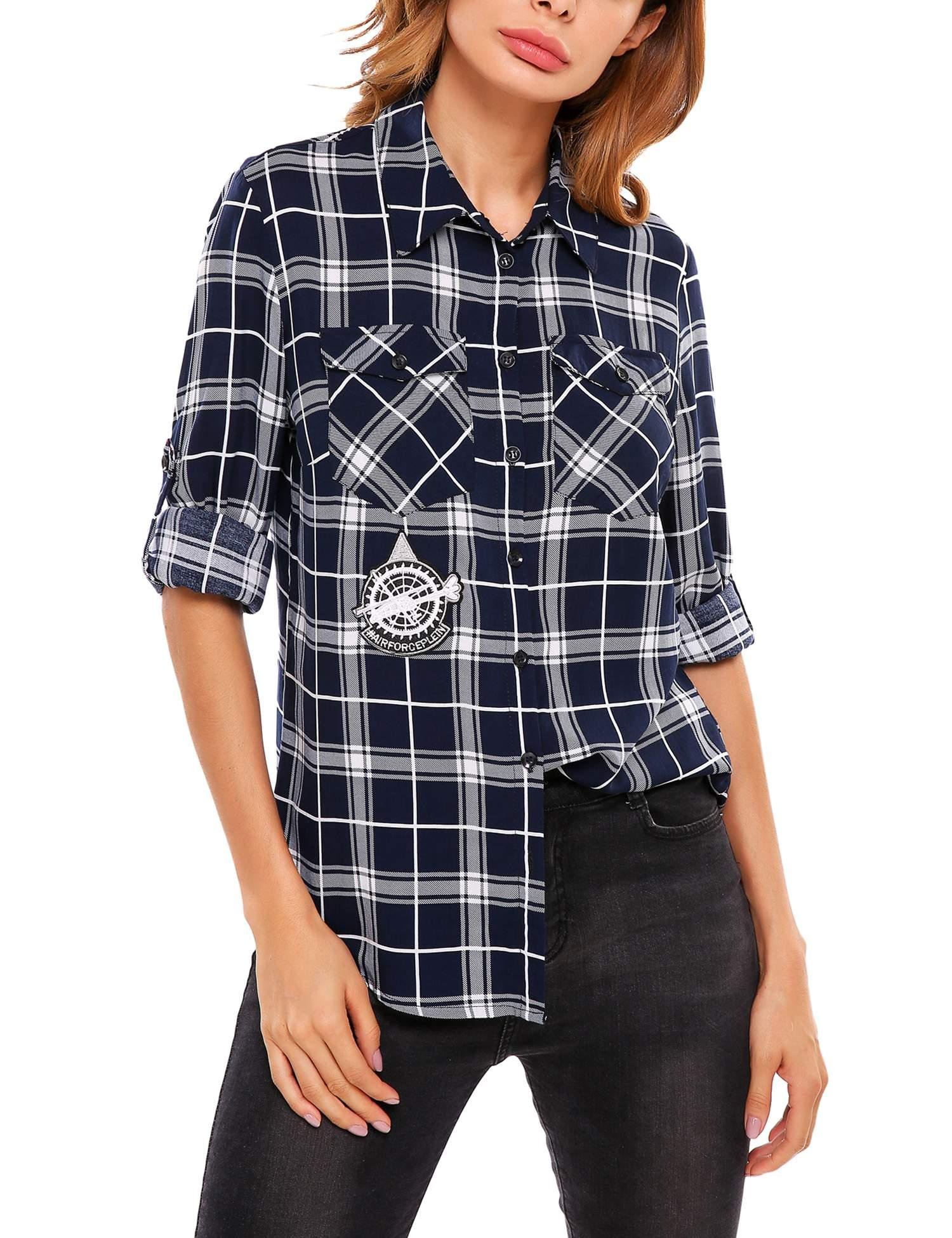 Women\'s Roll Up Sleeve Casual Loose Boyfriend Plaid Button Down Shirt SE MIU