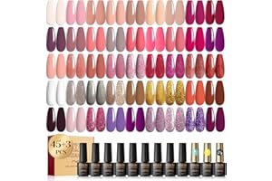 ROSALIND 45+3 Pcs Gel Nail Polish Set,Pink Colors gel polish Set with Base Coat and Glossy & Matte Gel Top Coat Gold Glitter Gel Nail Set Nail Art Salon DIY at Home Manicure Set