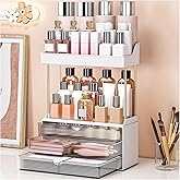 caktraie Bathroom Organizers and Storage - 3 Drawers 2 Tier Makeup Organizer, Cosmetic Storage Drawer for Dresser Countertop and Bathroom Vanity for Large Skincare, Perfume, Grey