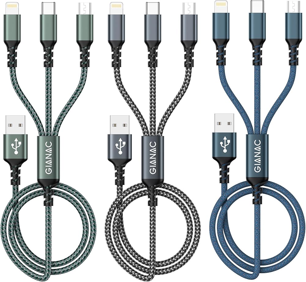 GIANAC 3 Pack 1.2M Multi Charger Cable 3 in 1 USB C Lightning Micro