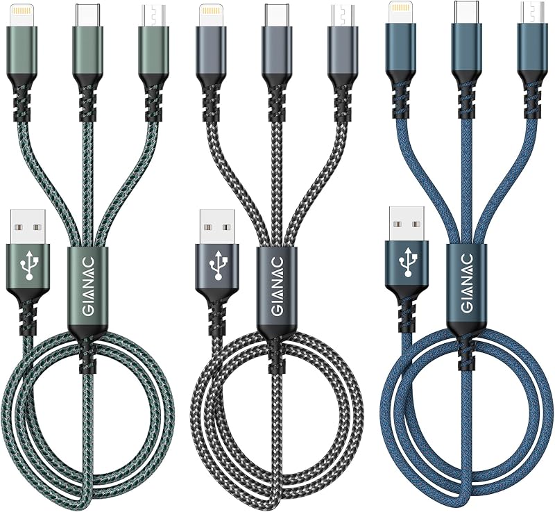 GIANAC 3 Pack 1.2M Multi Charger Cable 3 in 1 USB C Lightning Micro