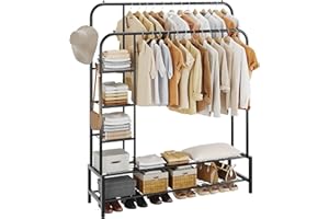 JOISCOPE Double Rods Portable Garment Rack for Hanging Clothes, 49.4 * 64.7 Inch Metal Clothing Rack with Bottom Shelves and 4 Hooks, Freestanding Clothes Rack for Bedroom, Space Saving, Black
