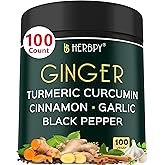 Herbpy 5in1 Ginger and Turmeric Supplements with Ceylon Cinnamon, Garlic - Digestion, Immune, Brain & Heart Health Support - 100 Vegan Capsules