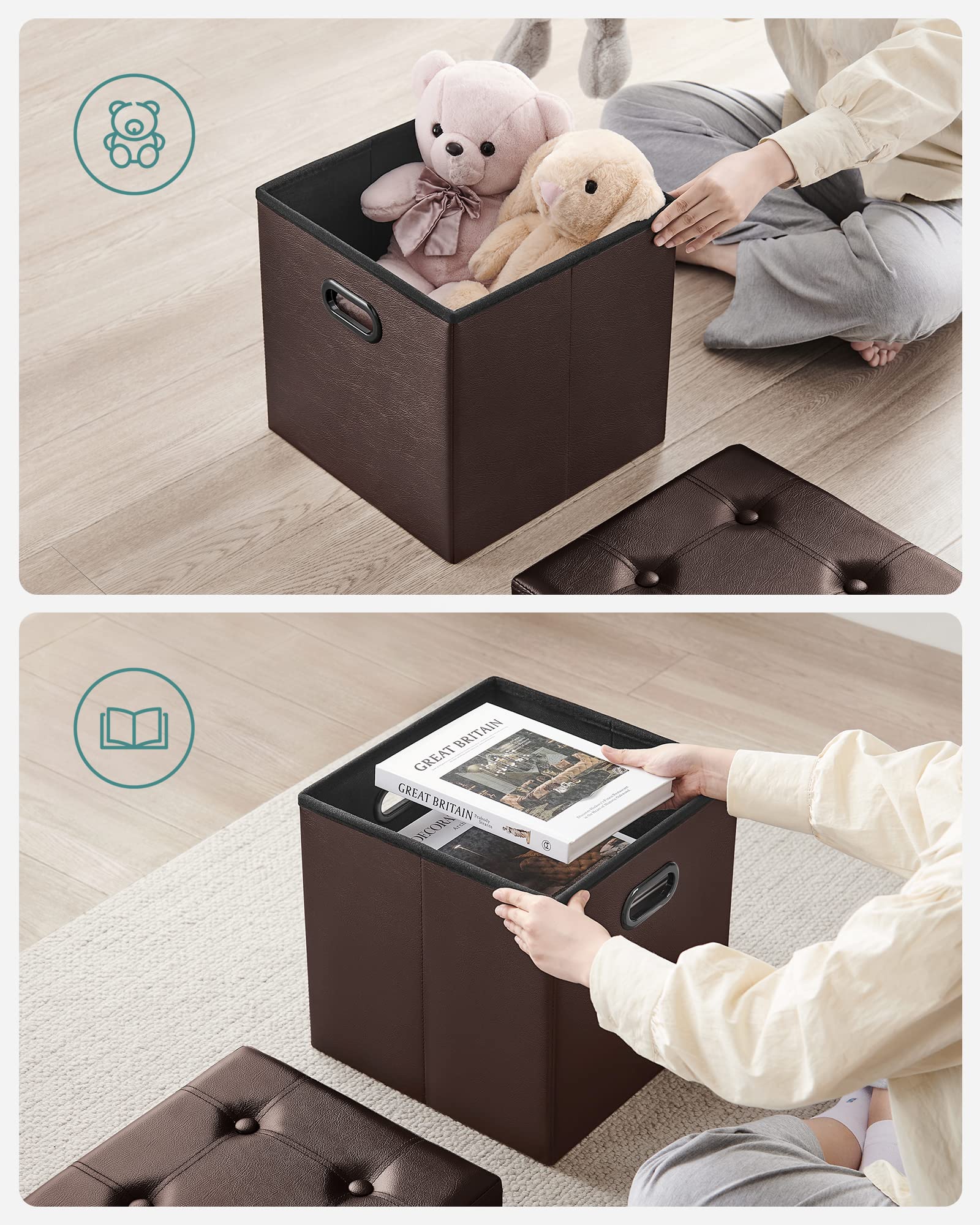 SONGMICS 15 Inches Ottoman with Storage, Footstool, Storage Ottoman with Metal Grommet Handles, Synthetic Leather, 660 lb Load Capacity, for Dorm Room, Living Room, Bedroom, Brown ULSF30Z