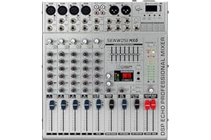 SENWOSI 6-Channel All-metal panel Audio Mixer, BT USB PC Recording Input, 16 DSP Effects, Stereo Equalizer,48V Power Supply,4 Mono 2 Stereo Input, Studio Or Live (MX-6)