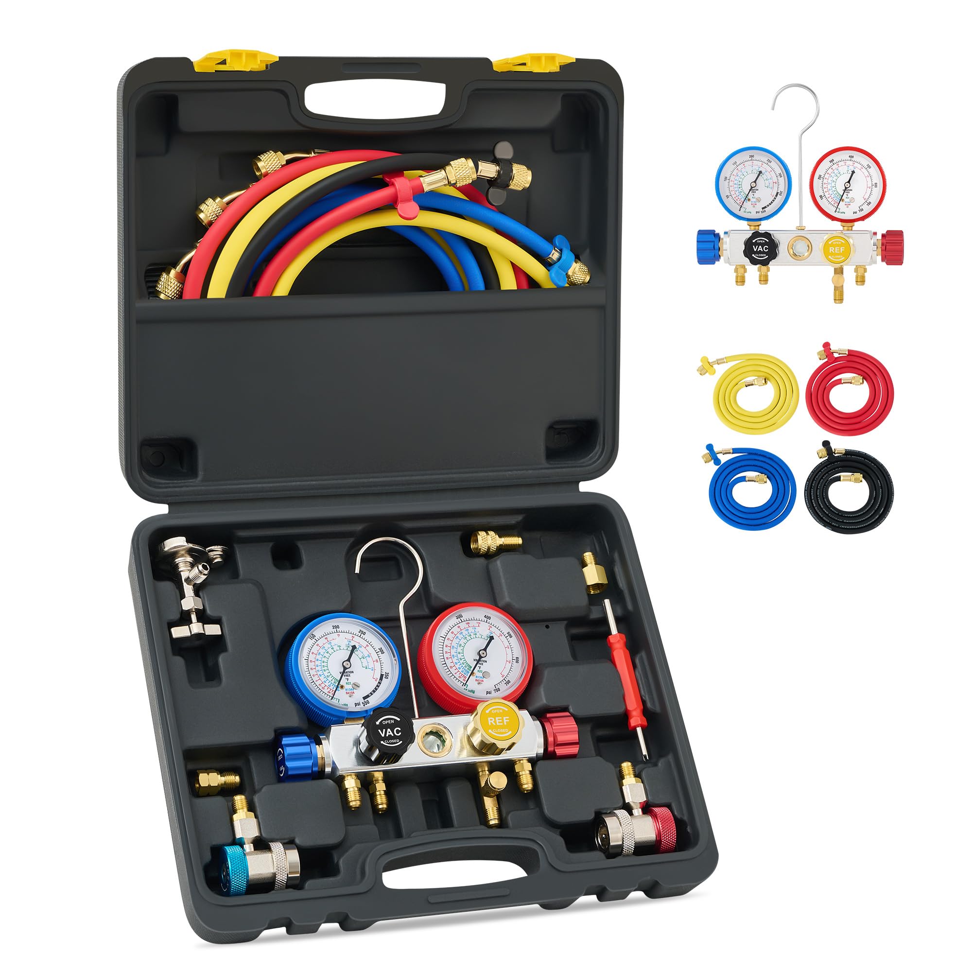 Photo 1 of Orion Motor Tech 4 Way AC Diagnostic Manifold Gauge Set, Fits R134A R410A and R22 Refrigerants, with 5FT Hose, 3 Tank Adapters, Adjustable Couplers and Can Tap