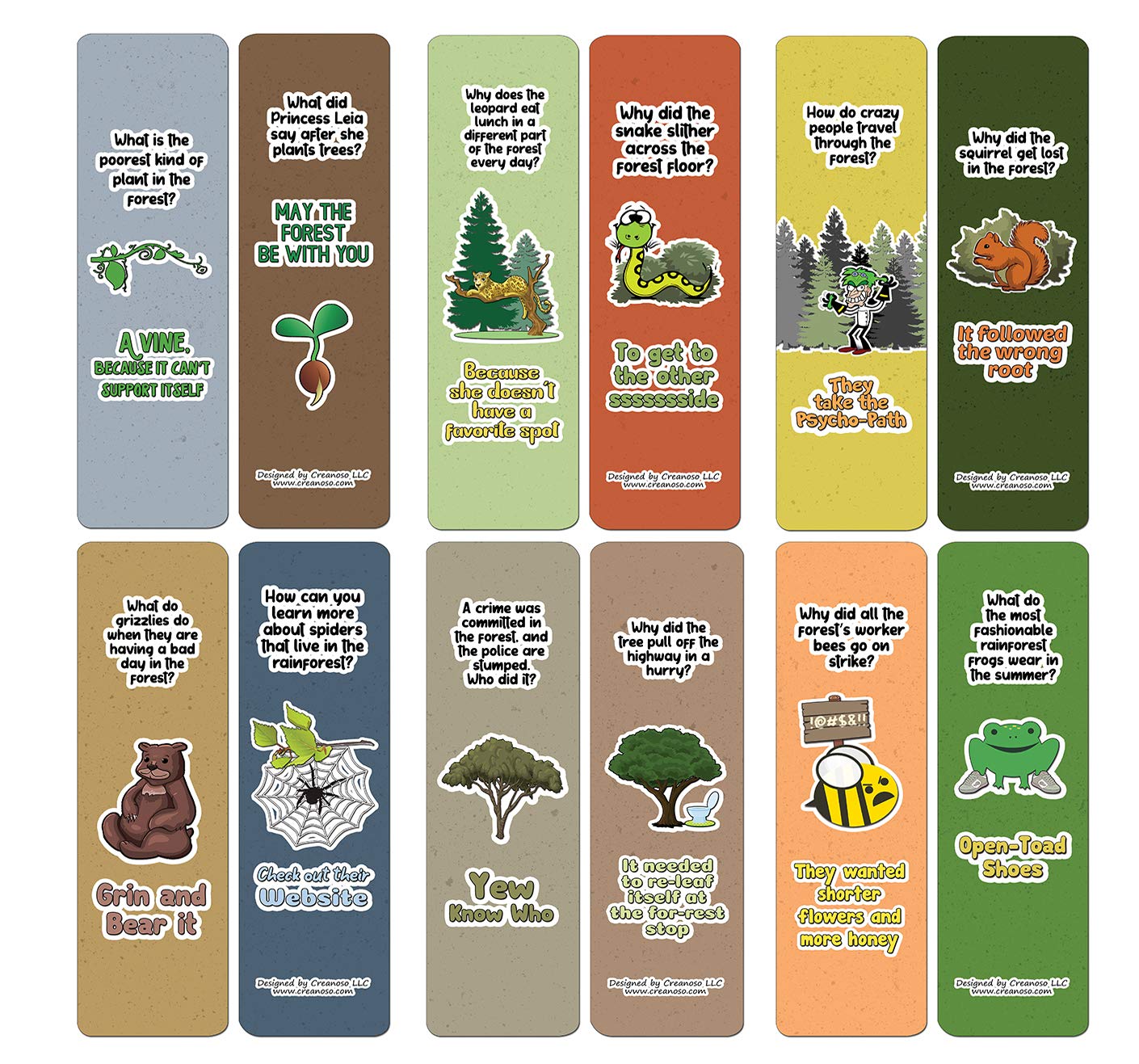 Creanoso Forest Jokes Bookmarks (12-Pack) - Stocking Stuffers Premium Quality Gift Ideas for Children, Teens, & Adults - Corporate Giveaways & Party Favors