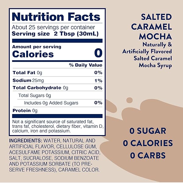 JORDAN’S SKINNY SYRUPS SUGAR FREE COFFEE SYRUP, SALTED CARAMEL MOCHA FLAVOR DRINK MIX, ZERO CALORIE FLAVORING FOR LATTES, PROTEIN SHAKE, FOOD & MORE, GLUTEN FREE, KETO FRIENDLY, 25.4 FL OZ, 1 PACK