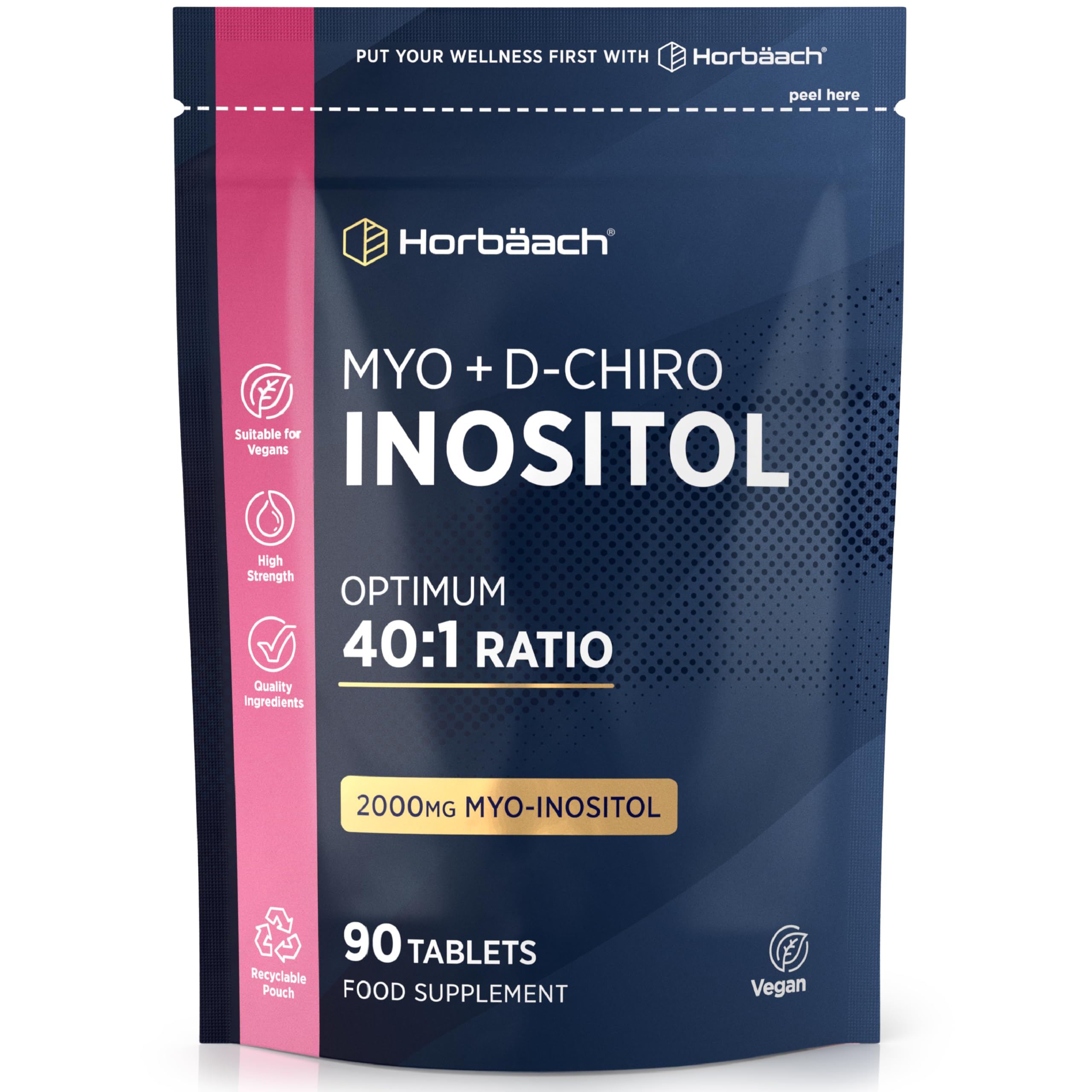 Myo Inositol D Chiro Inositol | 90 Vegan Tablets | Powder Alternative | High Strength 2000mg Myo-Inositol | Optimum 40:1 Ratio | Letter-Box Friendly Packaging | by Horbaach