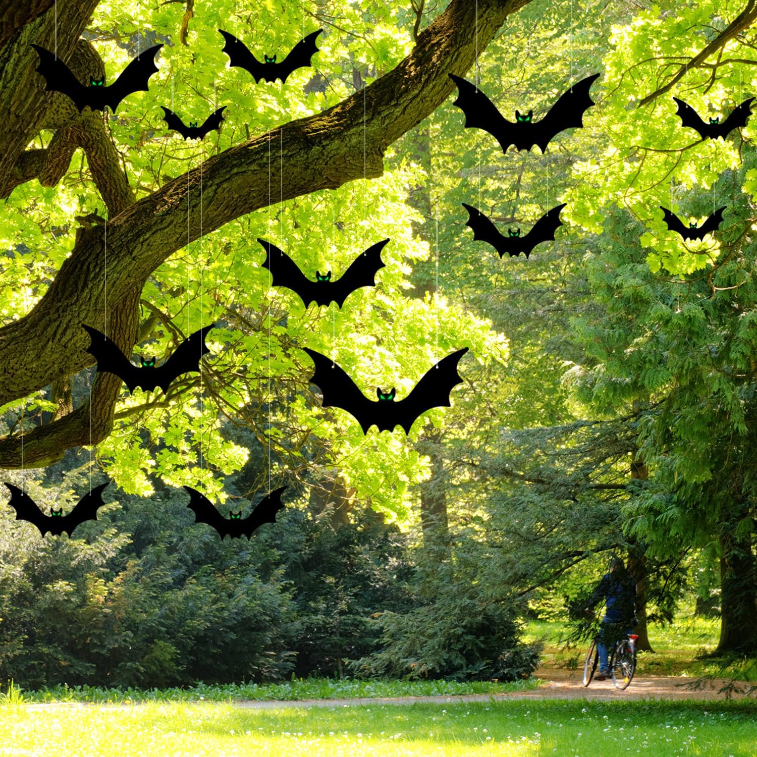 Yard Signs - Halloween Hanging Bats Yard Sign Decorations Outdoor, 12pcs 2023 Upgraded 3D Eyes Scary Black Bats Realistic Fake Spooky with Glowing Eyes for Lawn Tree Decor, 3 Style