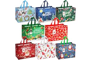BorKinHa 8 Pack Christmas Gift Bags Large with Handles Reusable Non-Woven Tote Bag Christma's Bags for Gifts Wrapping Xmas Shopping Bag Christmas Party Favors Supplies 12.8"×9.8"×6.7" with Gift Tags
