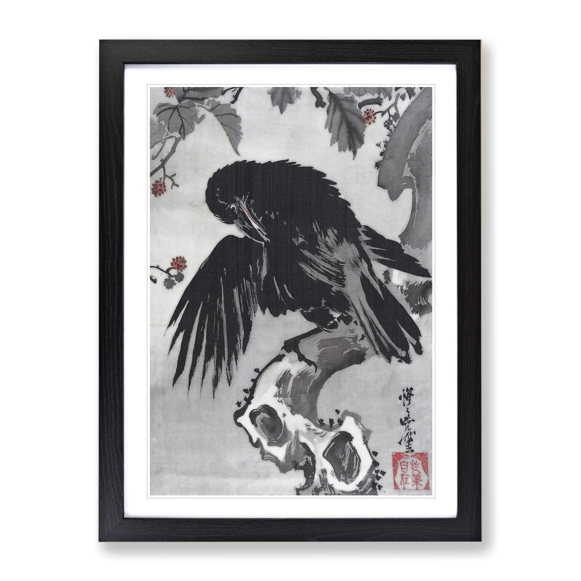 A Crow On A Branch By Kawanabe Kyosai Asian Japanese Framed Wall Art Print, Ready to Hang Picture for Living Room Bedroom Home Office Décor, Black A4 (34 x 25 cm)