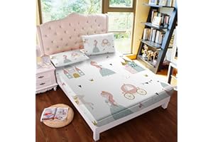 MUSOLEI Princess Fitted Sheet Set Cute Girl Castle Sheet Girl Bed Sheets Girls Teens Kids Bedding Set 1 Deep Pocket Fitted Sheet with Pillowcases Microfiber (Princess, Full)
