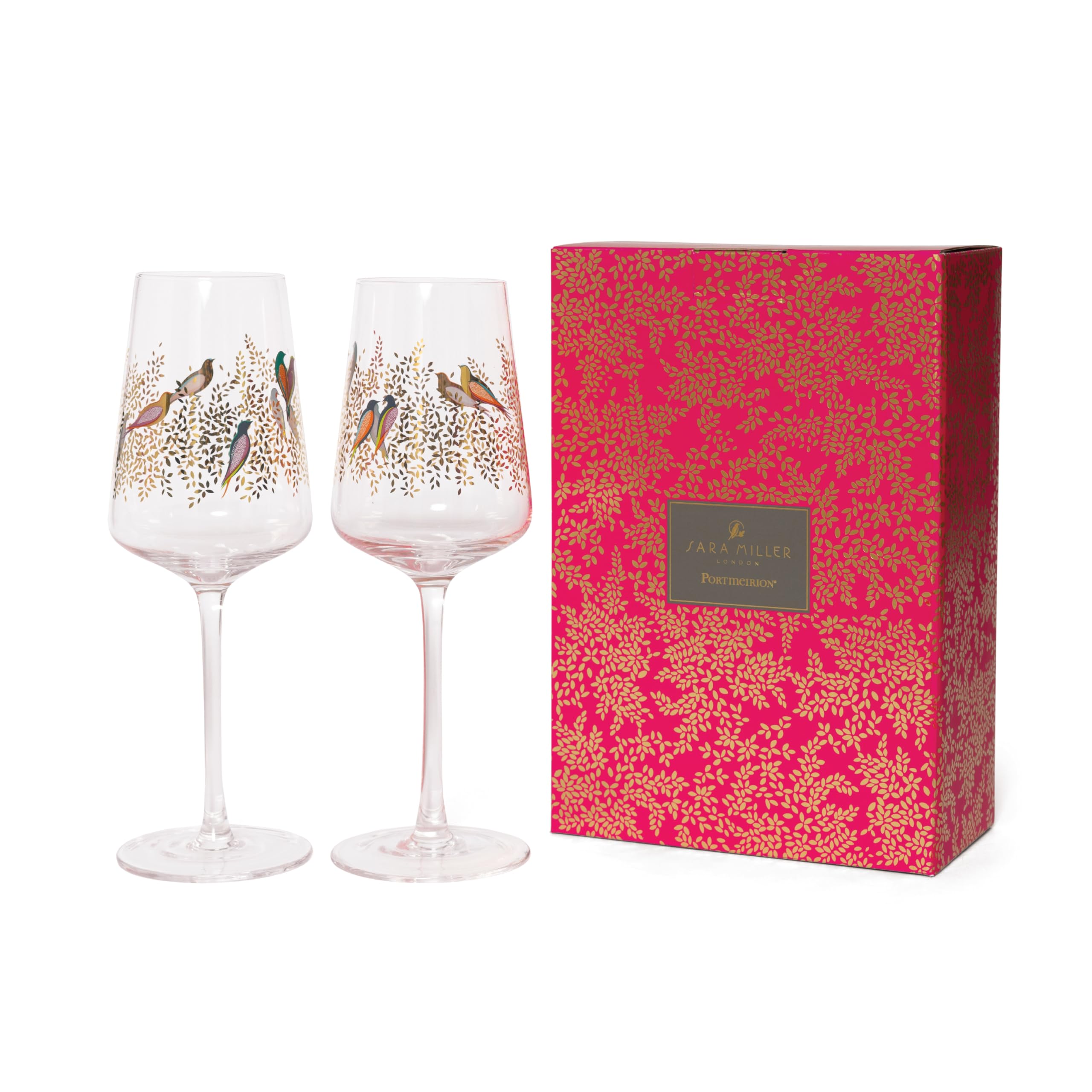 Portmeirion x Sara Miller London Set of 2 Wine Glasses - Durable Glass Design Featuring Birds on Gold Leaves, Chelsea Collection, Suitable for Dinner Parties, Celebrations and Gifting