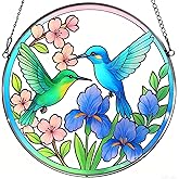 Jawnlity Stained Glass Sun Cather for Window Hanging, 6.3'' Hummingbird Suncatcher with Flowers for Indoor Ornament, Bird Stain Glass Home Decor for Women, Mom, Grandma