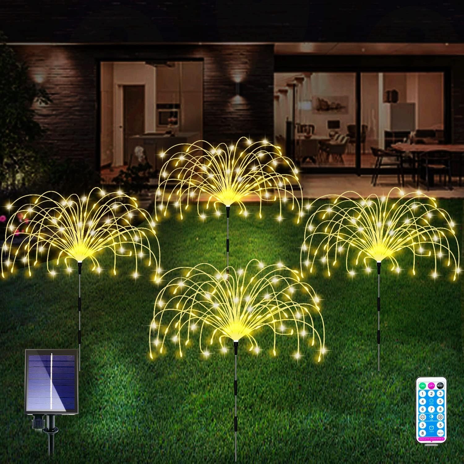 AcaJoe Solar Garden Lights Outdoor 4 Pack 480 LED Firework Path Lights Solar Powered Starburst Fairy Lights Waterproof 8 Lighting Modes with Remote Control for Patio Christmas Party Yard Decorative — image 1