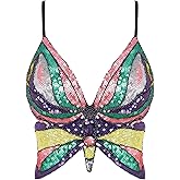 Monanoat Women’s Sexy Butterfly Shape Sequin Crop Top Bandage Lace up Tank Top Belly Dance Top Costume Outfits