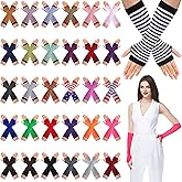 Syhood 30 Pairs Striped Arm Warmers Long Fingerless Winter Gloves Knitted Elbow Length Women arm Sleeves with Thumb Hole for Costume (30 Colors)