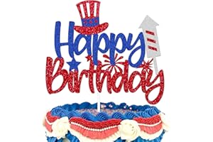 Levvcirki Independence Day Cake Topper Happy Birthday Cake Decoration for Boys Girls Red and Blue Glitter USA Patriotic Cake Decorations for Happy 4th of July American National Day Party Supplies