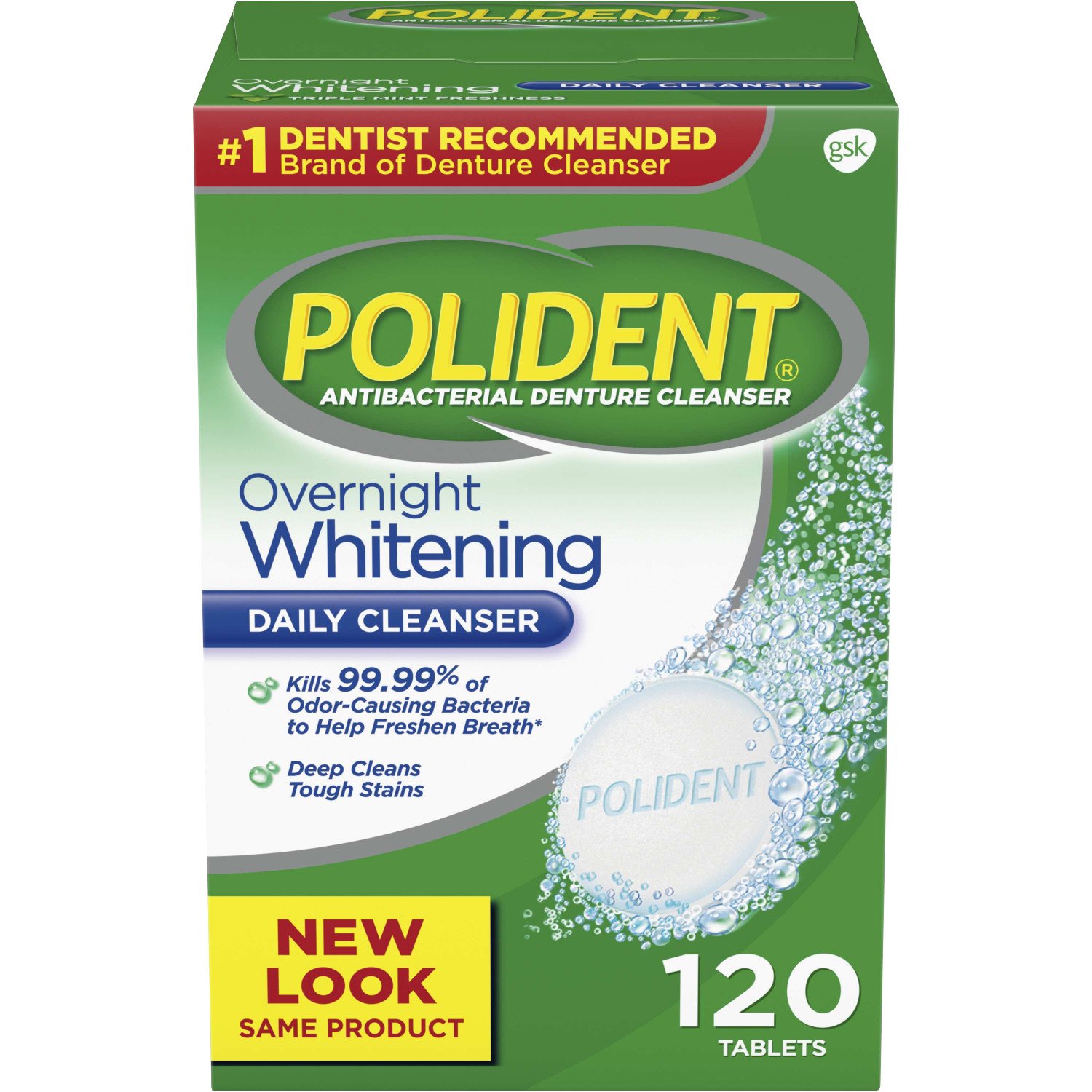 Polident Overnight Whitening Antibacterial Denture Cleanser Effervescent Tablets, 120 count Buy