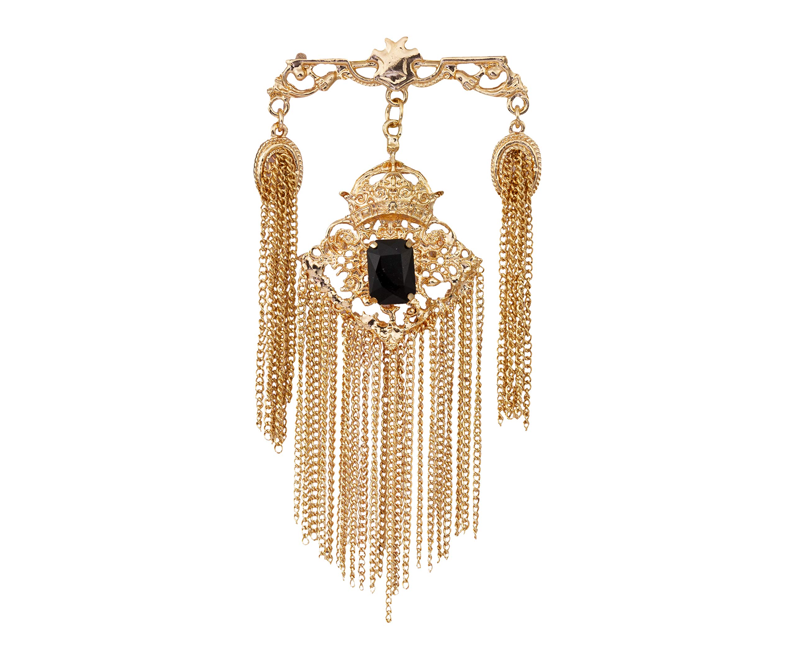 Brooch Lapel Pin for Men Crowned Black Stone with Hanging Chain Metal Lapel Pin Badge Coat Suit Wedding Gift Party Shirt Collar Accessories