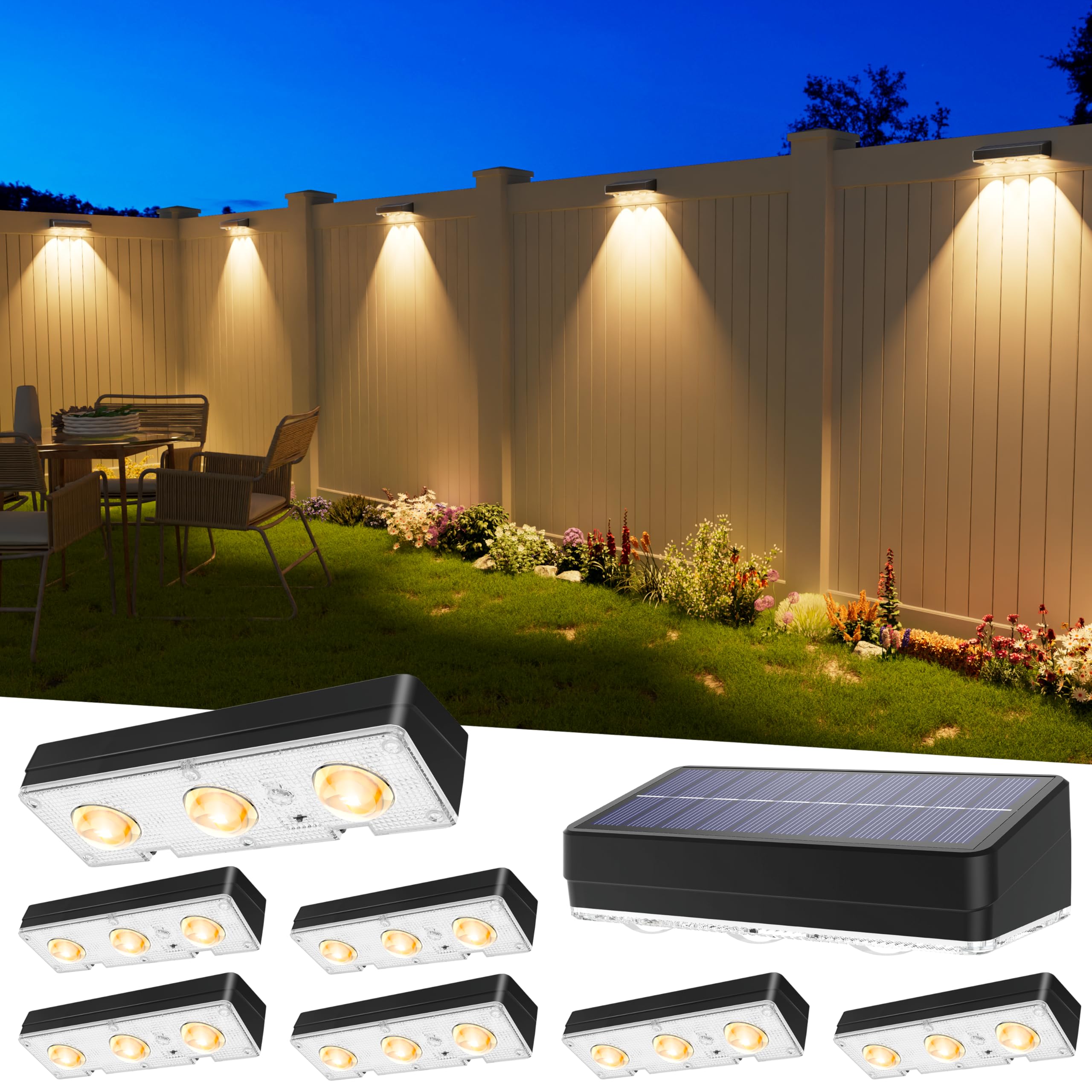 Photo 1 of JOFIOS Solar Fence Lights Outdoor Waterproof Led, 8Pack,1300mAh, 6 Inch Solar Lights for Fence with Warm White & RGB 8 Colors, Outdoor Solar Lights for Patio, Backyard, Deck, Fence, Railing (Black)