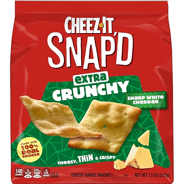 CHEEZ-IT SNAP’D CHEESE CRACKER CHIPS, THIN CRISPS, EXTRA CRUNCHY, SHARP WHITE CHEDDAR, 7.5OZ BAG (1 BAG)