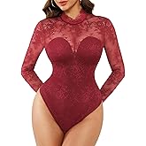 Popilush Long Sleeve Body Suits Womens Tummy Control Open Back Sheer Top Built in Bra Turtleneck Lace Shapewear Bodysuit