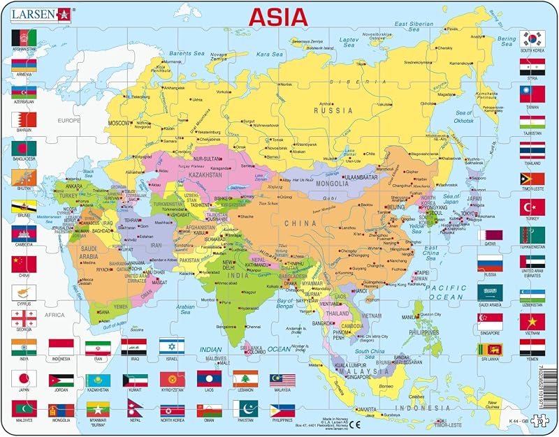 Larsen K44 Asia Political Map Jigsaw Puzzle 70 Piece Kids Educational Geography