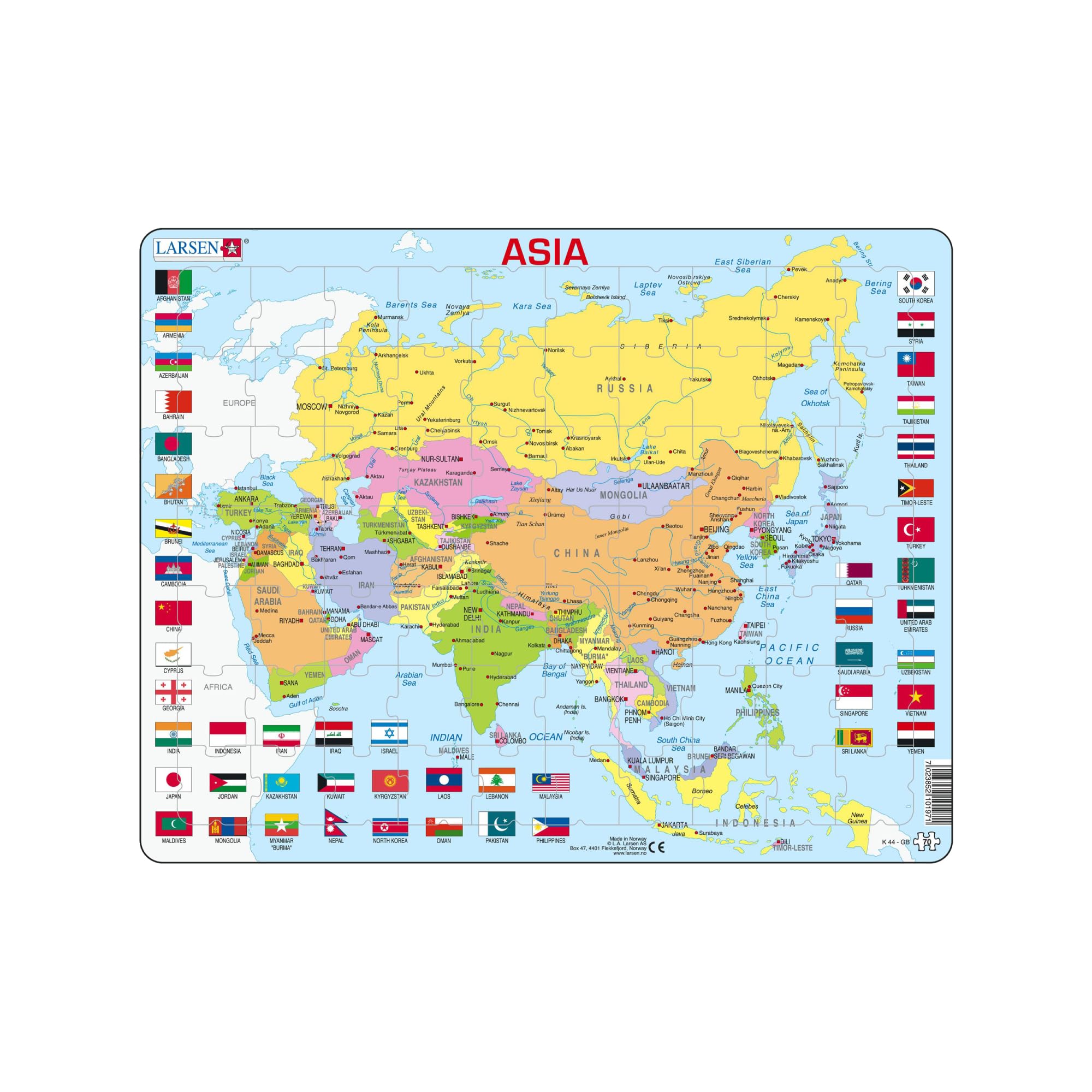 Larsen K44 Asia Political Map – 70-Piece Boxless Tray Jigsaw Puzzle – Educational Geography Learning for Kids – Includes Country Names, Flags & Capitals – English Edition