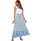 R.Vivimos Womens Summer Cotton Vintage Floral Print Boho Casual Ruffled Flowy Maxi Skirt
