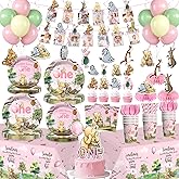 213Pcs Bear First Birthday Decorations for Girl Serves 25 Guests, 1st Birthday Decorations Girl Include Banner, Plates, Napkin, Cup, Forks, Straw and Tablecloth, 1st Party Decorations