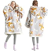 Bedsure Wearable Blanket Hoodie, Sherpa Hooded Blanket Printed for Adult & Kids as Gifts for Women, Mom Gifts Sherpa Hoodie, Kids, Corgi, Silver Grey