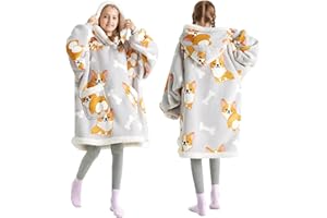 Bedsure Wearable Blanket Hoodie, Sherpa Hooded Blanket Printed for Adult & Kids as Gifts for Women, Mom Gifts Sherpa Hoodie, Kids, Corgi, Silver Grey