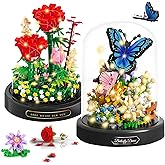 VZZNN 2 Pack Flower Bouquet Building Sets with LED Lighting,Animals Flowers Botanical Collection Mini Building Blocks Set, Valentine's Day for Her Mom Women Wife Girlfriend(Roses,Butterfly)