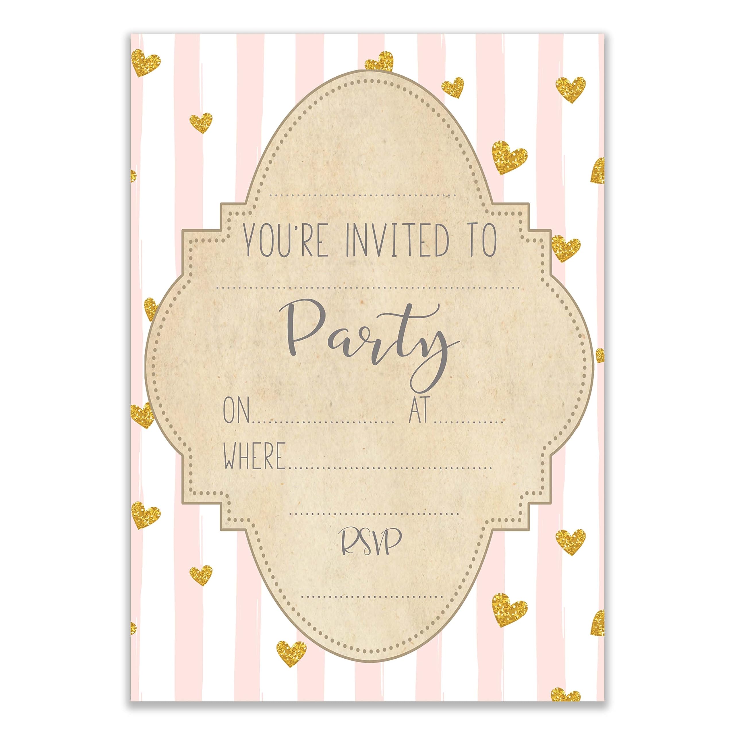 Girls Party Invite Pink Stripe & Gold Hearts 10 Pack Invitations For Any Occasion birthdays, baby showers, hen parties