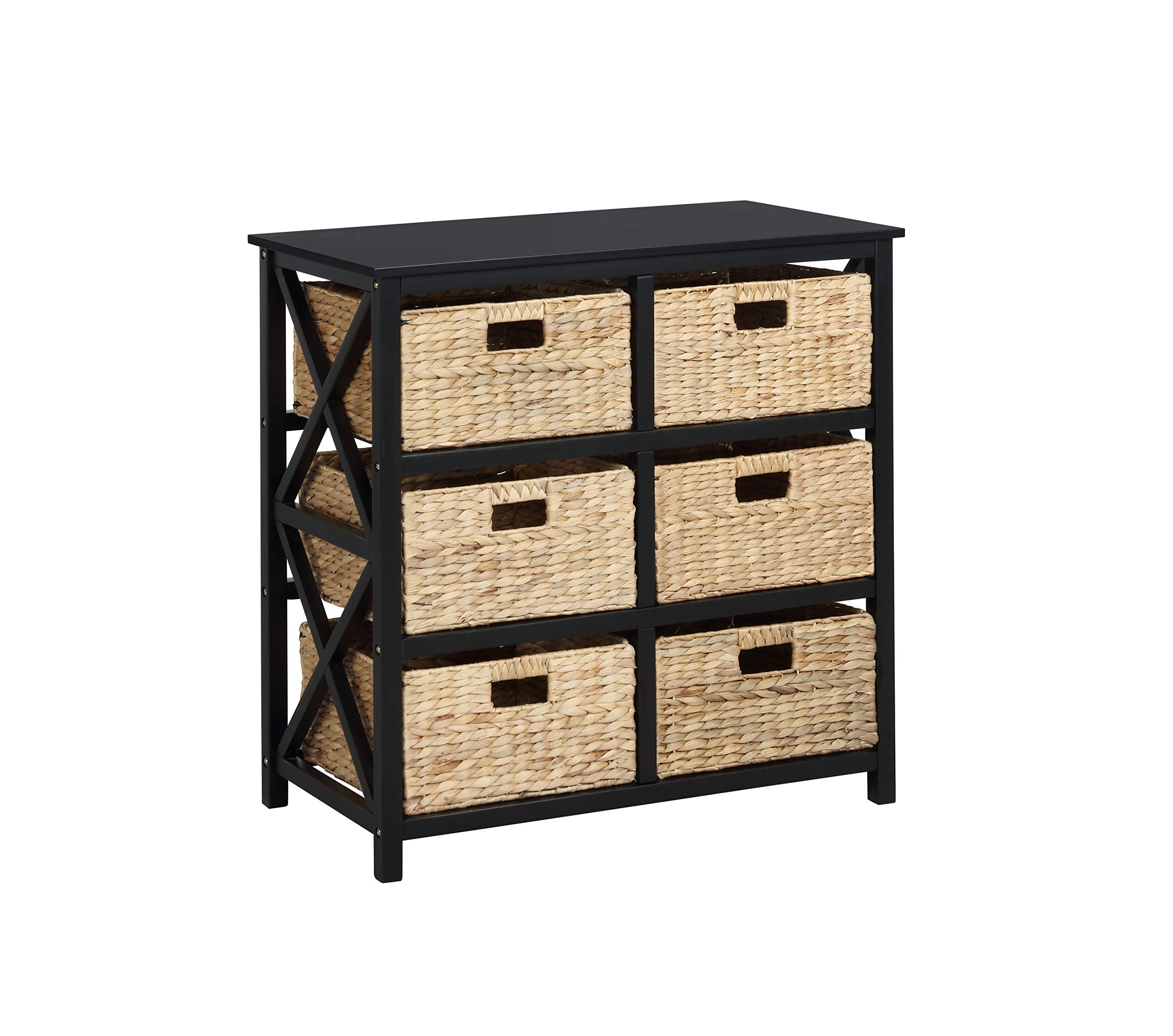 eHemco 3 Tier X-Side End Storage Cabinet with 6 Wicker Baskets, Black