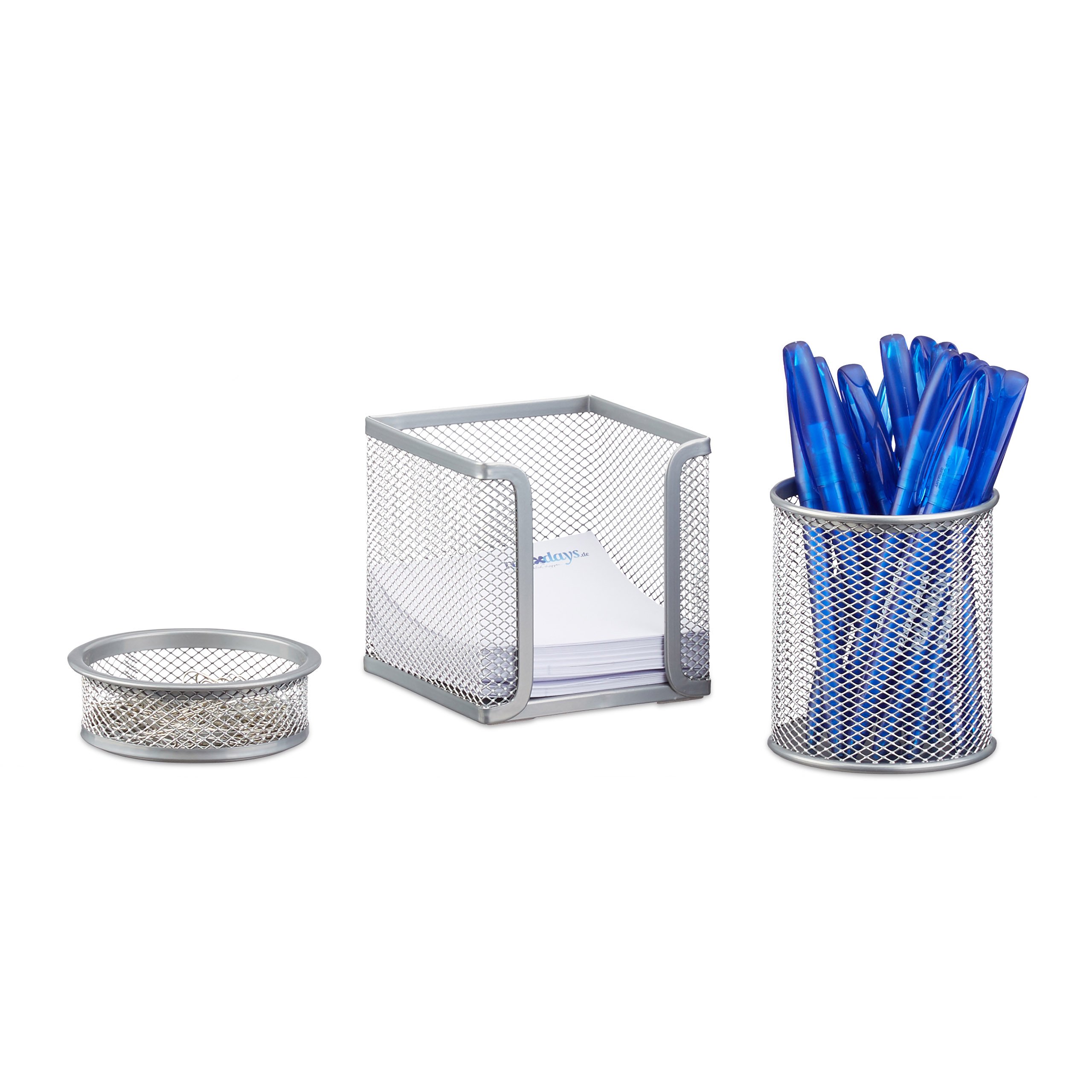 Relaxdays 3-Piece Metal Stationery Desk Organizer, Mesh, Note Box, Pen Holder and Paperclip Tray, Silver
