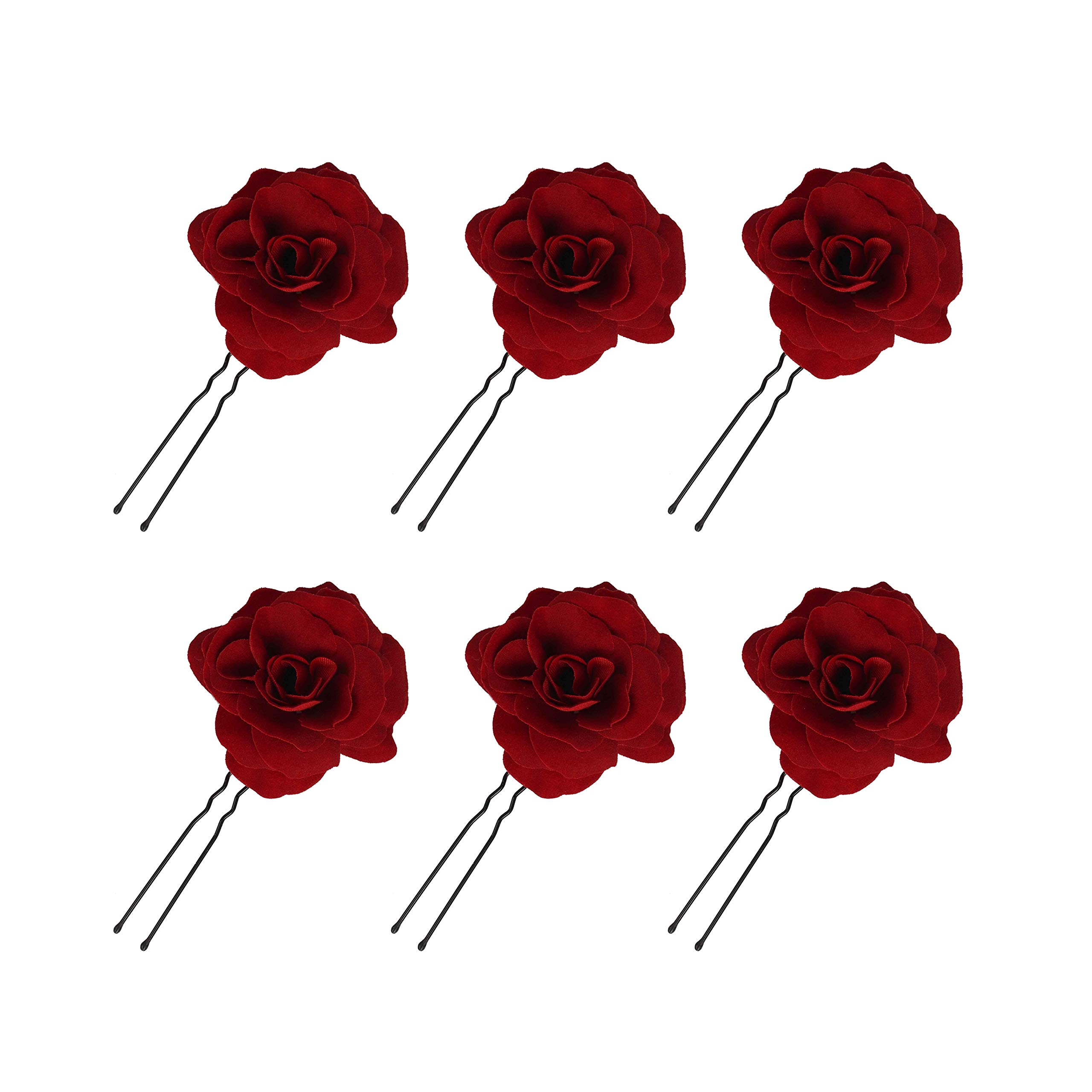 Women's Pink Flower Hair Clip, Wedding Hair Accessories, Flamenco Dancer, Handmade Wedding Accessory Party 6 Pieces (Red)
