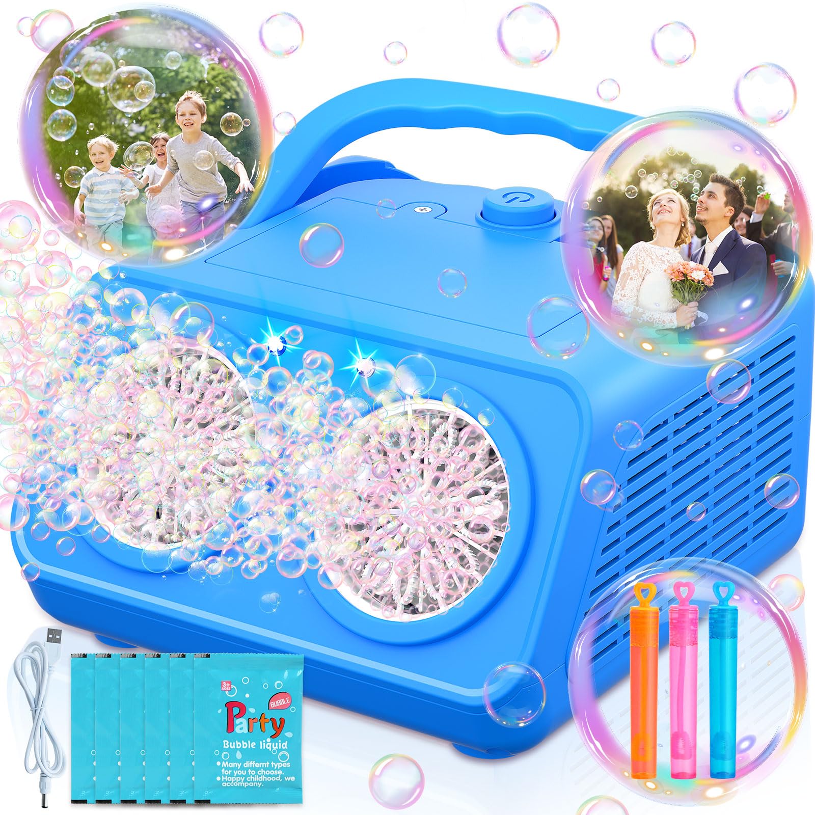 Bubble Machine - 22000+ Bubbles Per Minute, Automatic Bubble Maker, Bubble Machine for Kids, Portable Bubble Machine, Powered by USB or Batteries, Outdoor Indoor Birthday Party (Blue)