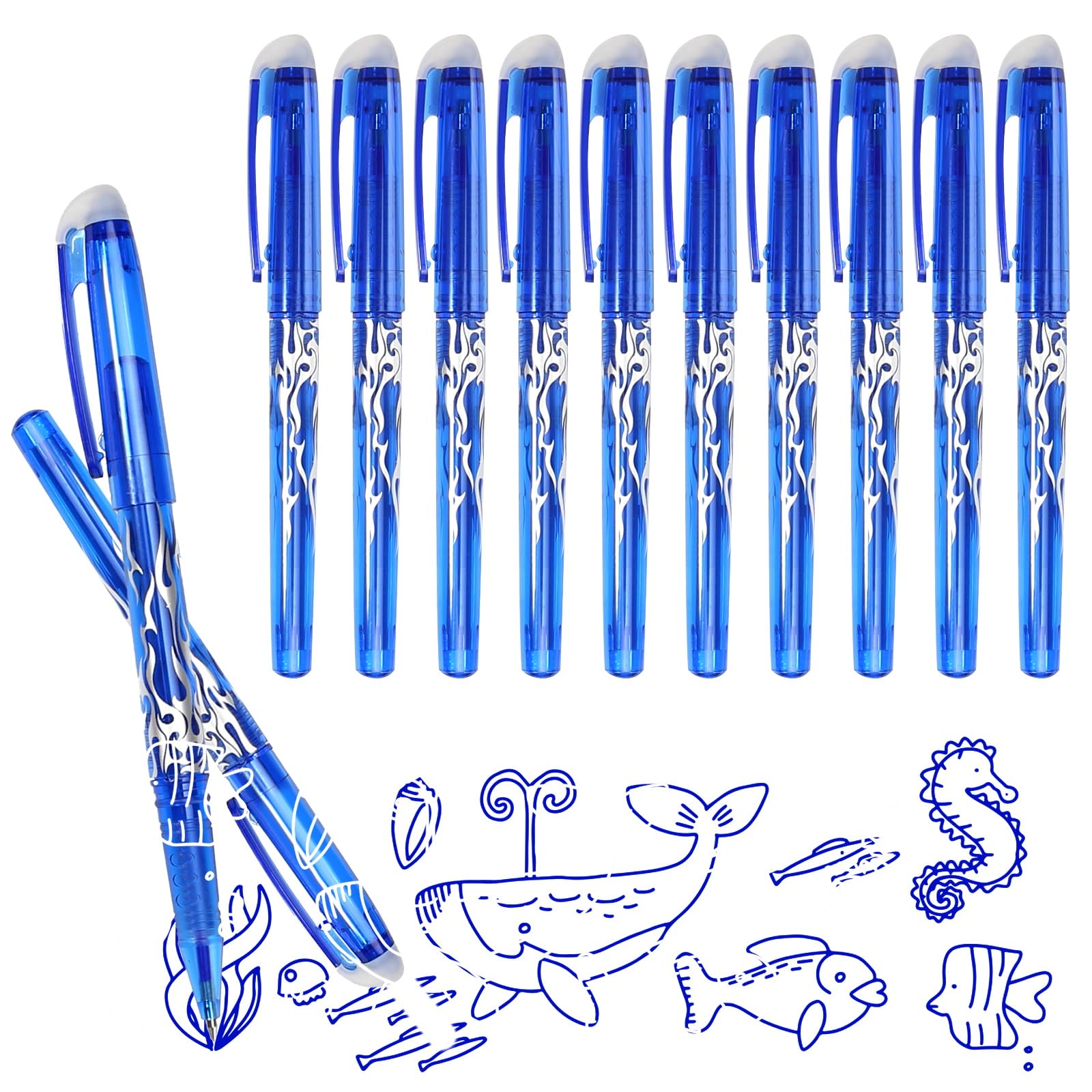 DUTIFUL 10PCS Erasable Gel Pens With Rubbers on End - Blue Ink - Rub Out Writing Instruments for Kids, Adults - School Office Supplies