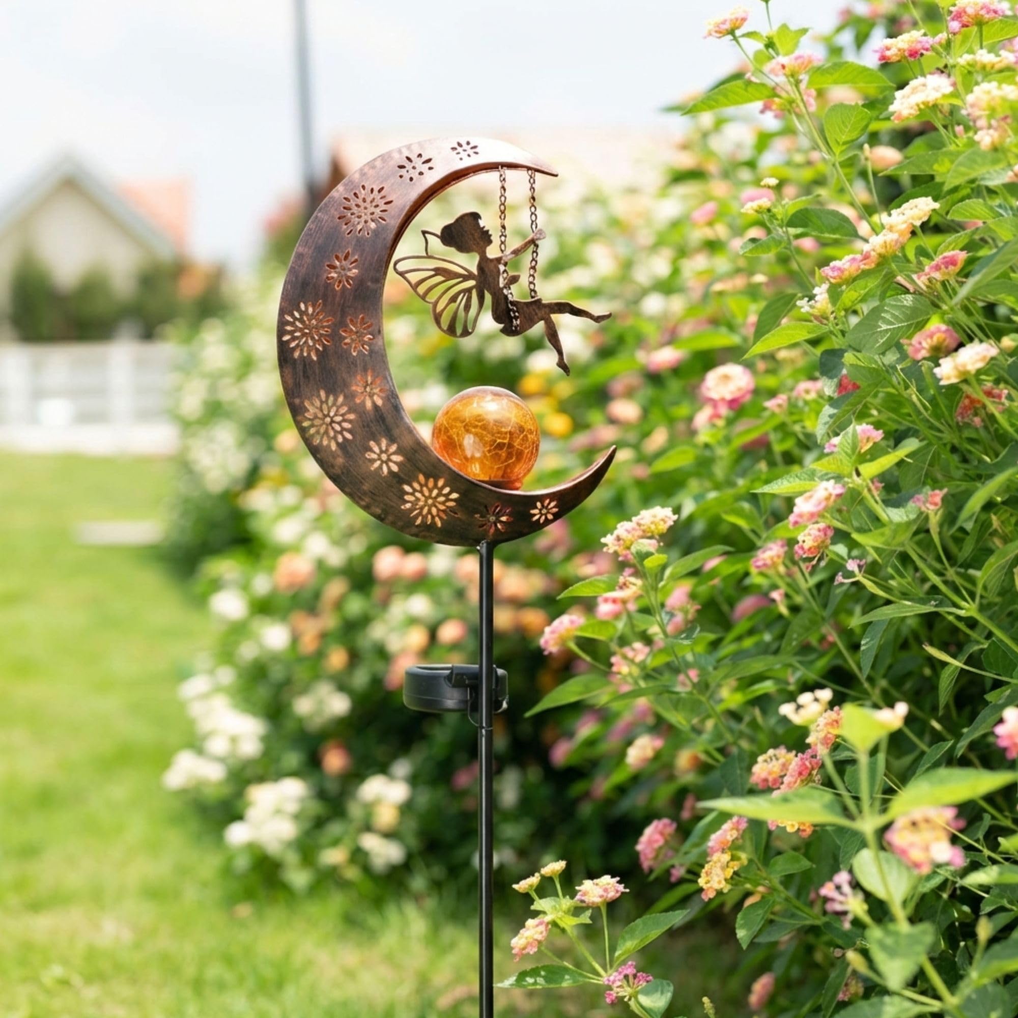 TERESA'S COLLECTIONS 100CM High Moon Solar Lights Outdoor Garden, Metal Lovely Fairy Swing on Moon Warm LED Garden Light with Crackle Glass Ball for Lawn, Path & Pot, Gifts for Women