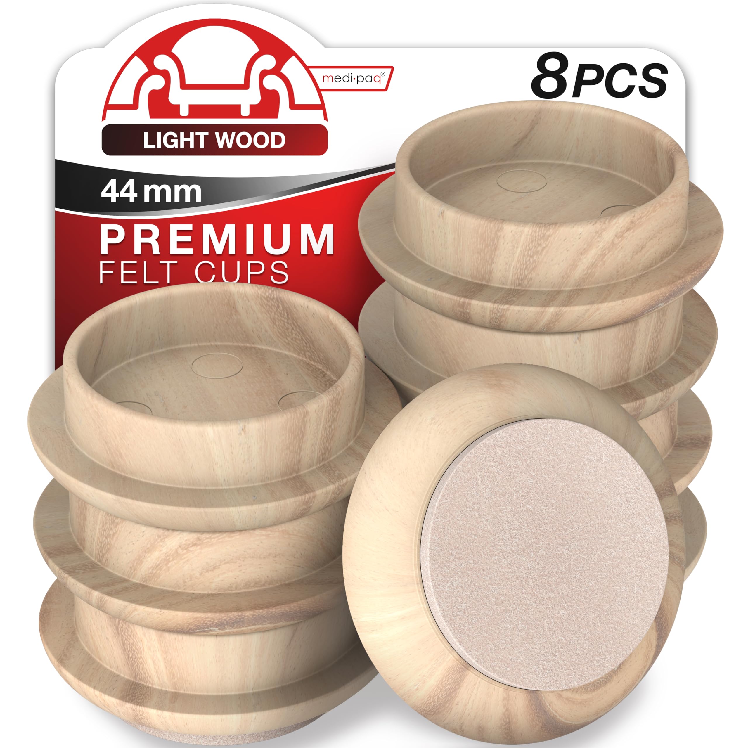 Medipaq Felt Castor Cups – 8x Small 44mm Light Wood Grain – Protects Wooden & Smooth Floors – Chair & Furniture Leg Protectors