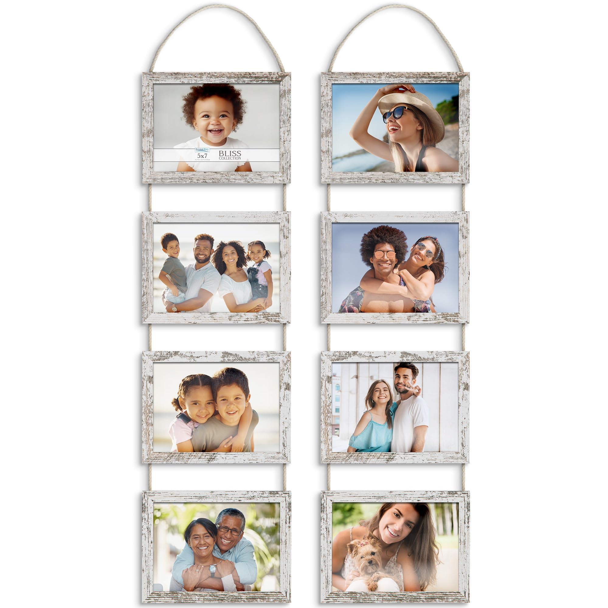 Icona Bay - 7x5 Wall Hanging Picture Frames Collage with 8 Openings - Distressed White, 2 Pack - Casual Style Engineered Wood Frames - Wall Mount Only - Bliss Collection