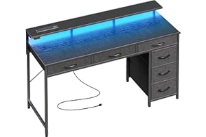 Huuger Gaming Desk with 6 Drawers, Computer Desk with LED Lights Power Outlets and Type-C, 47 Inch Office Desk with Storage, Monitor Stand, Writing Desk Work Desk Home Office, Bedroom, Study, Black