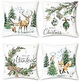 Bonhause Winter Christmas Trees Reindeer Throw Pillow Covers 18 x 18 Inch Snowflake Xmas Balls Red Berries Snowy Cabin Holiday Decorative Cushion Cases for Couch Sofa Bed Decor Set of 4