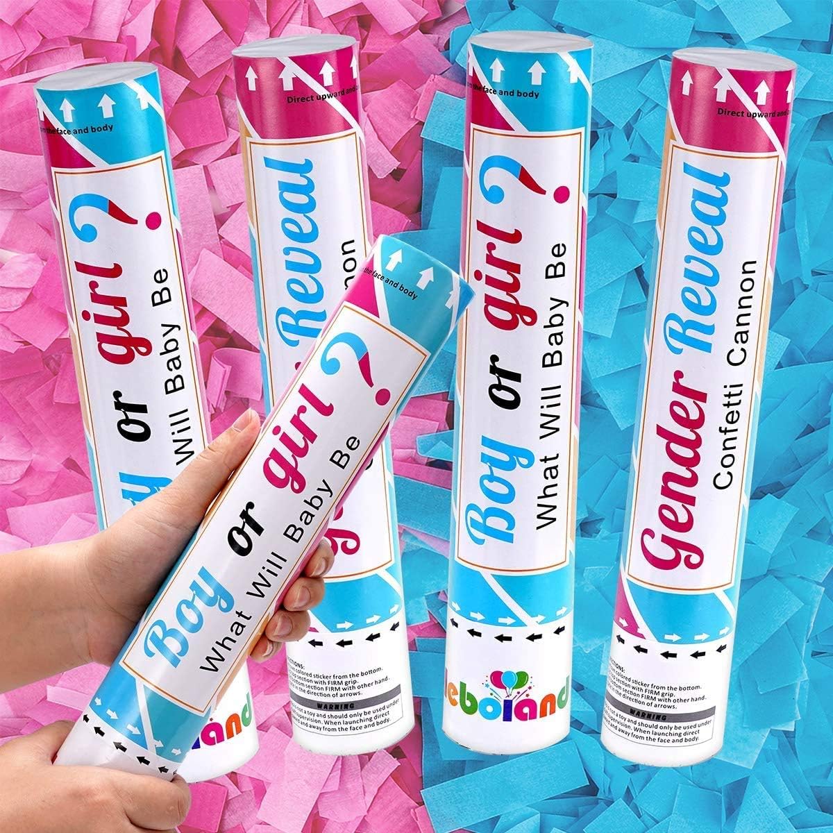 Gender Reveal Confetti Cannon Poppers 2 Pink and 2 Blue Boy or Girl 12