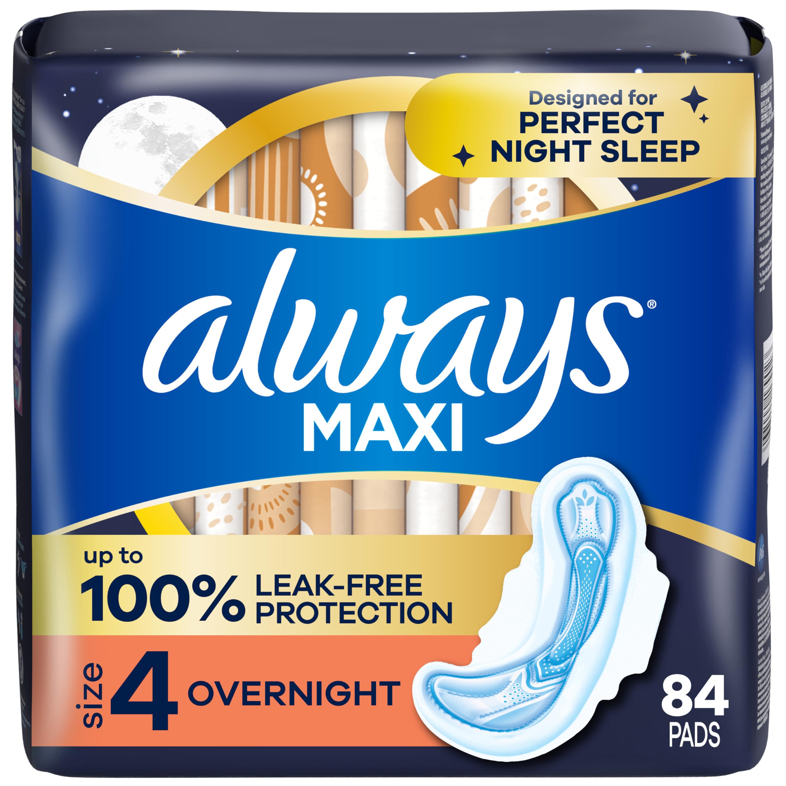 Photo 1 of Always Maxi Overnight Pads with Wings for Women, Size 4, Overnight Absorbency, Unscented, 84 Count (3 Packs of 28)