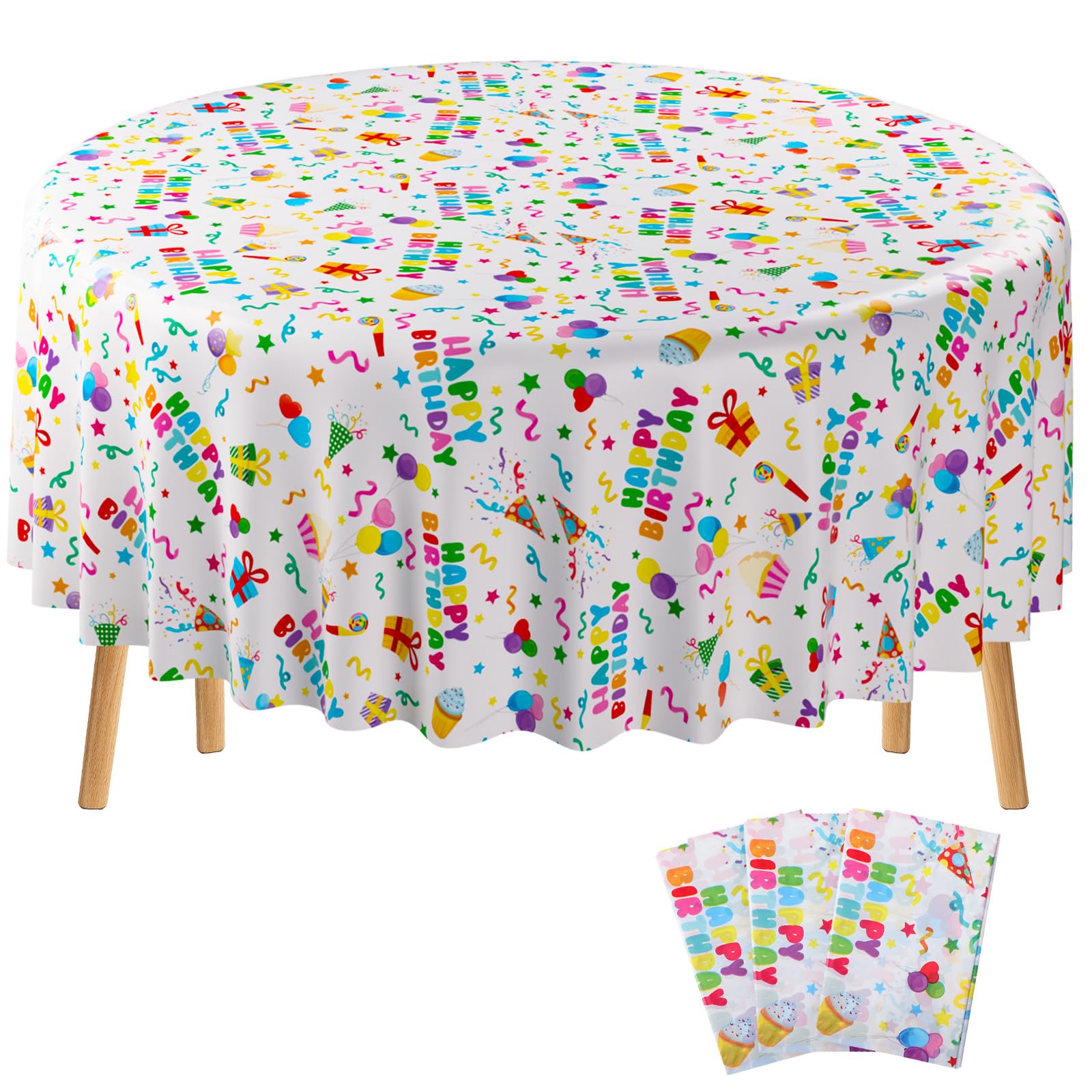 Photo 1 of Oudain 3 Pcs Happy Birthday Tablecloth Decorations 84 Inch Plastic Disposable Round Table Covers Waterproof Colorful Balloons Confetti Tablecloth for Women Birthday Party Supplies Baby Shower(White)
